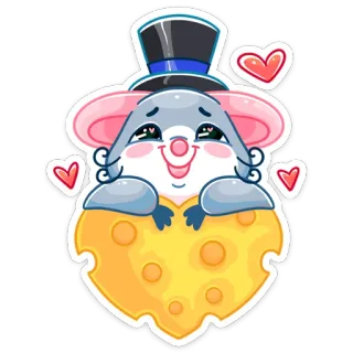 ❤️ 02ea538a мышь, мультфильм, животное, милый, сыр, сердце, шляпа, наклейка whatsapp sticker