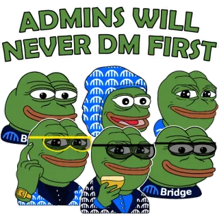 🛡 83720d07 Pepe the Frog ADMINS WILL
NEVER DM FIRST 페페, 개구리, 인터넷 밈, 밈, DM, 온라인 안전 telegram sticker