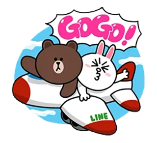 ✈ dafa1ad4 GOGO! orso, coniglio, cartone animato, aereo, vai, felice, Line Friends telegram sticker