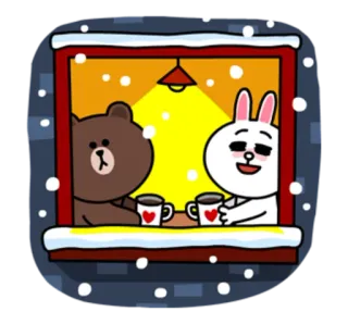 👫 e0f37a89 Brown and Cony beruang, kelinci, jendela, kopi, salju, musim dingin, cinta telegram sticker