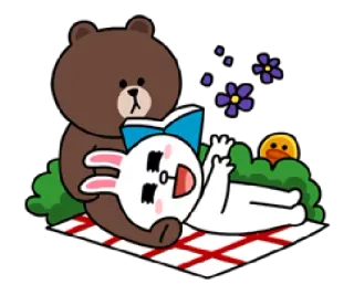 😍 0c310d57 Brown orso, coniglio, libro, lettura, carino, cartone animato, picnic telegram sticker