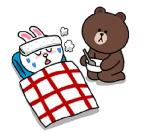 🤒 49a5756e malato, guarisci presto, cartone animato, coniglio, orso, malattia, letto telegram sticker