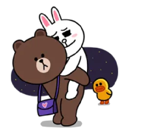 ❤ 4cf44bff Brown Bear, Cony Rabbit, Sally Duck Line Friends orso, coniglio, anatra, cartoni animati, carino, animazione, amicizia, Line Friends telegram sticker