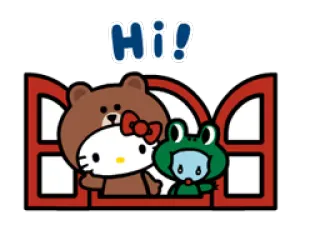 🖐 56532b36 Hi! Hello Kitty, Orso bruno, rana, saluto, finestra, carino telegram sticker