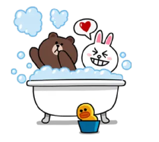 ❤ d47f5229 Brown (bear), Cony (rabbit) LINE Friends LINE Friends, orso, coniglio, bagno, cartone animato, carino, animali, bagno schiuma telegram sticker