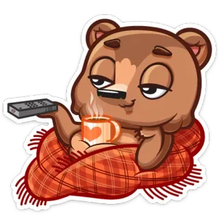 📺 a0c63b9c クマ, 漫画, コーヒー, テレビ, リモコン, 毛布,  уютный, 可愛い telegram sticker