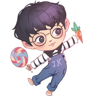 🍭 6b722c12 JK character, cartoon, lollipop, carrot, cute, glasses, illustration telegram sticker