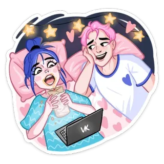 🌯 57adef8b pareja, comiendo, portátil, dibujos animados, estrellas, corazones, cama, viendo, juntos telegram sticker