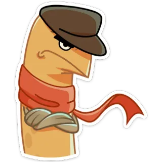 ☹️ 0844913a cartone animato, personaggio, sciarpa, cappello, braccia conserte, sospettoso whatsapp sticker