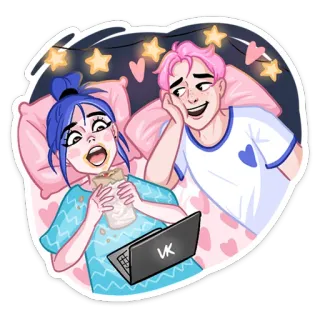 😡 18d4c637 coppia, mangiare, guardare la tv, cuori, letto, cartone animato, amore, pigiama party whatsapp sticker