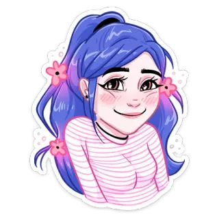 ☺️ 1b356f77 ragazza, donna, cartone animato, rosa, capelli blu, fiori whatsapp sticker