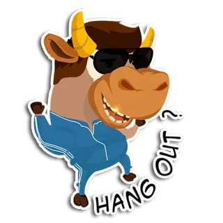 🎶 02c66a96 HANG OUT? วัว, แว่นกันแดด, เที่ยวเล่น, สัตว์, สนุก, การ์ตูน whatsapp sticker