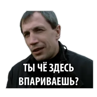 ❓ b1fa31e3 ТЫ ЧЁ ЗДЕСЬ ВПАРИВАЕШЬ? 러시아어, 인용구, 남자, 표정 telegram sticker