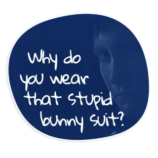👦 99709915 Why do you wear that stupid bunny suit? konijn, pak, vraag, dom, kostuum telegram sticker