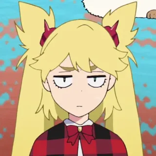 🔮 a290c7e8 dziewczyna anime, blond włosy, warkoczyki, czerwona krata, kreskówka, znudzona, bez wyrazu, urocza telegram sticker