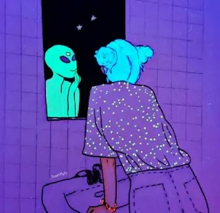 👽 b6545cfb Alien, Fenster, Cartoon, Mädchen, Sterne, Kunst telegram sticker