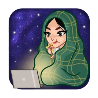😌 bf905c79 mulher, cobertor, laptop, pizza, aconchegante, estrelas, noite telegram sticker