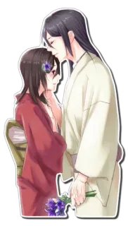 ❤ fdda0d0a romance, coppia, amore, abiti tradizionali, fiori, affetto, anime telegram sticker