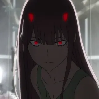 😈 8a49e092 Zero Two Darling in the Franxx Anime, Zero Two, Darling in the Franxx, demônio, garota, olhos vermelhos, chifres telegram sticker