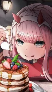 🥞 d3280166 Zero Two Darling in the Franxx Anime, Desenho animado, Zero Two, Darling in the Franxx, Panquecas, Morango telegram sticker
