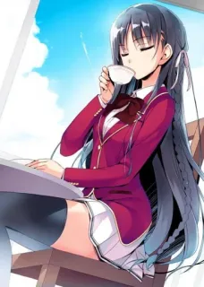 🙃 e951700f 애니메이션, 소녀, 마시는, 차, 빨간 재킷 telegram sticker