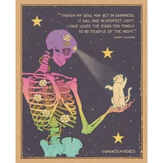 ✨ 1f55e46f Sarah Williams “THOUGH MY SOUL MAY SET IN DARKNESS, IT WILL RISE IN PERFECT LIGHT. I HAVE LOVED THE STARS TOO FONDLY TO BE FEARFUL OF THE NIGHT.” - SARAH WILLIAMS
@SNAKES.N.ROSES kerangka, bintang, malam, kucing, kegelapan, cahaya, puisi telegram sticker