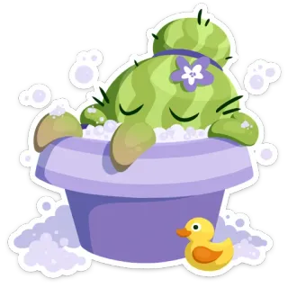 🤤 6da3532b 선인장, 목욕, 거품 목욕, 고무 오리, 귀여운, 식물, 휴식 telegram sticker