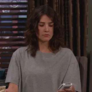 🏒 2cc03973 Robin Scherbatsky How I Met Your Mother kobieta, szara koszulka, wewnątrz, telewizor, film telegram sticker