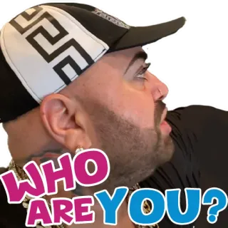 🫥 5077afb5 WHO ARE YOU? 问题, 男人, 肖像, 好奇, 帽子 whatsapp sticker