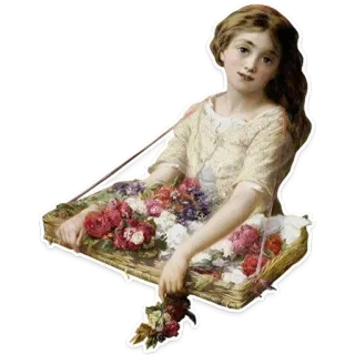 🌹 537e6838 девочка, корзина цветов, винтаж, ребенок, цветы, искусство telegram sticker
