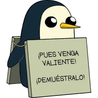 🤨 0a788cae Gunter Adventure Time ¡PUES VENGA VALIENTE!
¡DEMUÉSTRALO! cartone animato, pinguino, Adventure Time, Gunter, personaggio, spagnolo, sfida telegram sticker