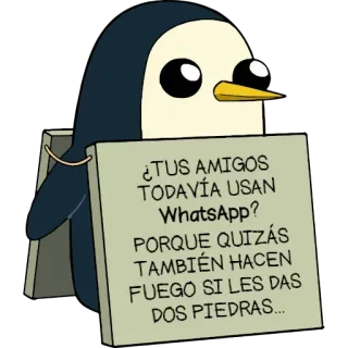 🤣 8fa0bb83 ¿TUS AMIGOS
TODAVÍA USAN
WhatsApp?
PORQUE QUIZÁS
TAMBIÉN HACEN
FUEGO SI LES DAS
DOS PIEDRAS... pinguino, WhatsApp, umorismo, cartoni animati telegram sticker