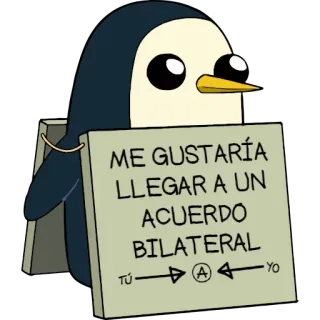 🤝 ab3db514 ME GUSTARÍA
LLEGAR A UN
ACUERDO
BILATERAL
TU ➡️ A ⬅️ YO pinguino, accordo, bilaterale, cartone animato, spagnolo, dialogo, negoziazione telegram sticker