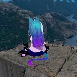 😏 1bf67c24 애니메이션, 소녀, 고양이, 산, 하늘, 절벽 whatsapp sticker