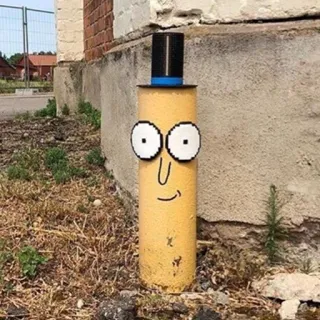 😄 f43398e5 거리 미술, 돌출 눈, 만화, 기발한, 실린더, 모자, 야외 whatsapp sticker