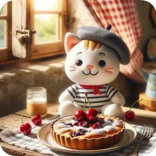 🚺 d196c8ae кот, берет, французский, вишни, тарт, милый, котик, десерт telegram sticker