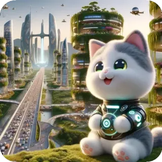 🍓 ddadb8ce кот, футуристический, город, милый, мультфильм, горизонт, котенок telegram sticker