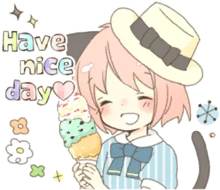 🍦 e325c7ba Have nice day Anime, Carino, Gelato, Cappello, Brillantini, Orecchie da gatto, Sorriso, Kawaii whatsapp sticker