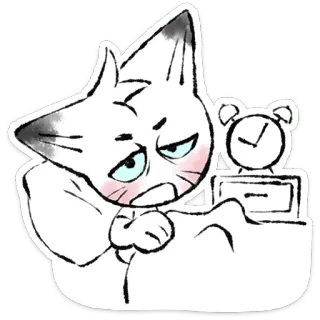🐱 ca901731 mèo, buồn ngủ, đồng hồ báo thức, giường, buổi sáng, dễ thương telegram sticker
