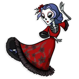 💃 1411af34 해골, 여자, 드레스, 죽은 자의 날, 빨간색, 춤, 만화, 칼라베라 telegram sticker