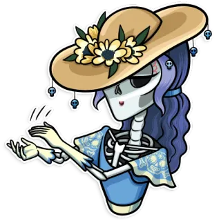 👏 f1fcbab1 해골, 여자, 모자, 꽃, 망자의 날, Dia de los Muertos, 칼라베라, 캐릭터 telegram sticker