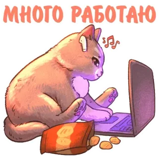 💻 4263360d много работаю kucing, laptop, bekerja, headphone, lelah, camilan, keripik, sibuk, musik telegram sticker