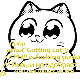 🐘 e85a48ad <php echo('Catting cat'); //PHP is fucking pizda //Якоши не одобряет //HO gatto, meme, programmazione, PHP, offensivo telegram sticker