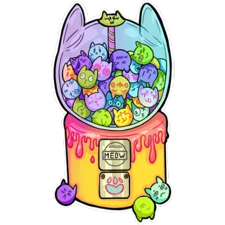 🍬 1bfd277d MEOW kat, kauwgomballenautomaat, dieren, schattig, sticker, cartoon, miauw, poesje telegram sticker