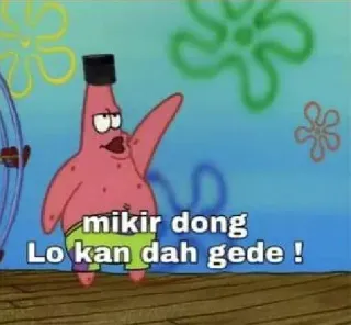 🙄 4db2590e Patrick Star SpongeBob SquarePants mikir dong
Lo kan dah gede ! 派大星, 海绵宝宝, 卡通, 印尼, 表情包 telegram sticker