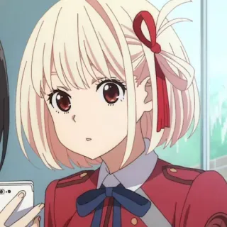 🌸 70dab991 Chisato Nishikigi Lycoris Recoil Anime, Mädchen, blonde Haare, rote Schleife, Lycoris Recoil, Chisato Nishikigi, Charakter whatsapp sticker