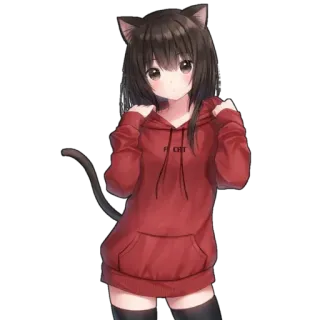 🙂 c55716e8 F. CAT 애니메이션, 고양이 소녀, 귀여운, 카와이, 네코, 빨간 후드티 telegram sticker