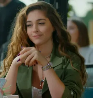 🤎 fd9274de woman, curly hair, person, portrait, green jacket, watch telegram sticker