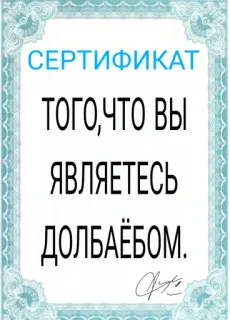 😈 7e1ca8c4 СЕРТИФИКАТ ТОГО,ЧТО ВЫ ЯВЛЯЕТЕСЬ ДОЛБАЁБОМ. сертификат, оскорбление, русский, оскорбительный whatsapp sticker