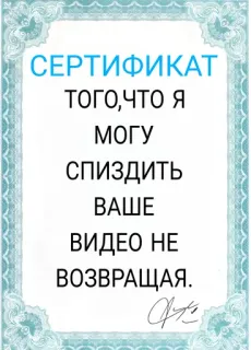 😇 d06ce8e6 СЕРТИФИКАТ ТОГО,ЧТО Я МОГУ СПИЗДИТЬ ВАШЕ ВИДЕО НЕ ВОЗВРАЩАЯ. сертификат, смешные, русский, видео whatsapp sticker